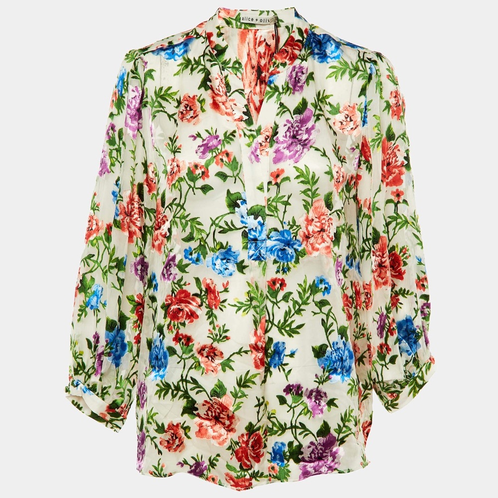 EUC ALICE + OLIVIA Sheila V-neck Floral Print Blouse In Gardenia sz S ($295)